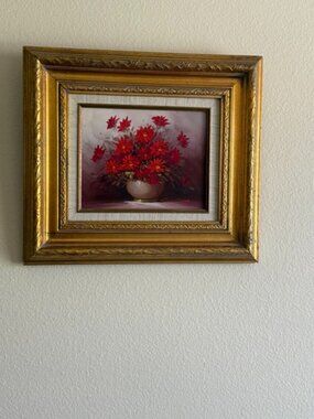 Robert Cox Still Life of a Vase of Red & White Flowers by 20th Century American